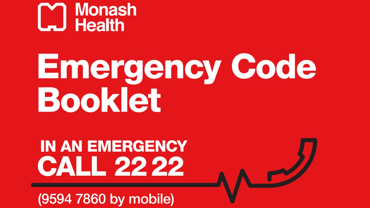 The front page of the Emergency Code Booklet, which is red, has a graphic of a phone and says "In an emergency call 2222".
