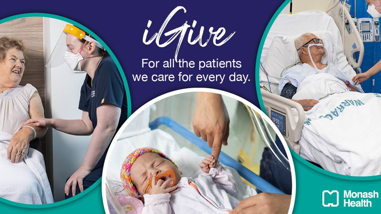 A graphic reads "iGive - For all the patients we care for every day". It features three images of patients including two elderly and one baby.