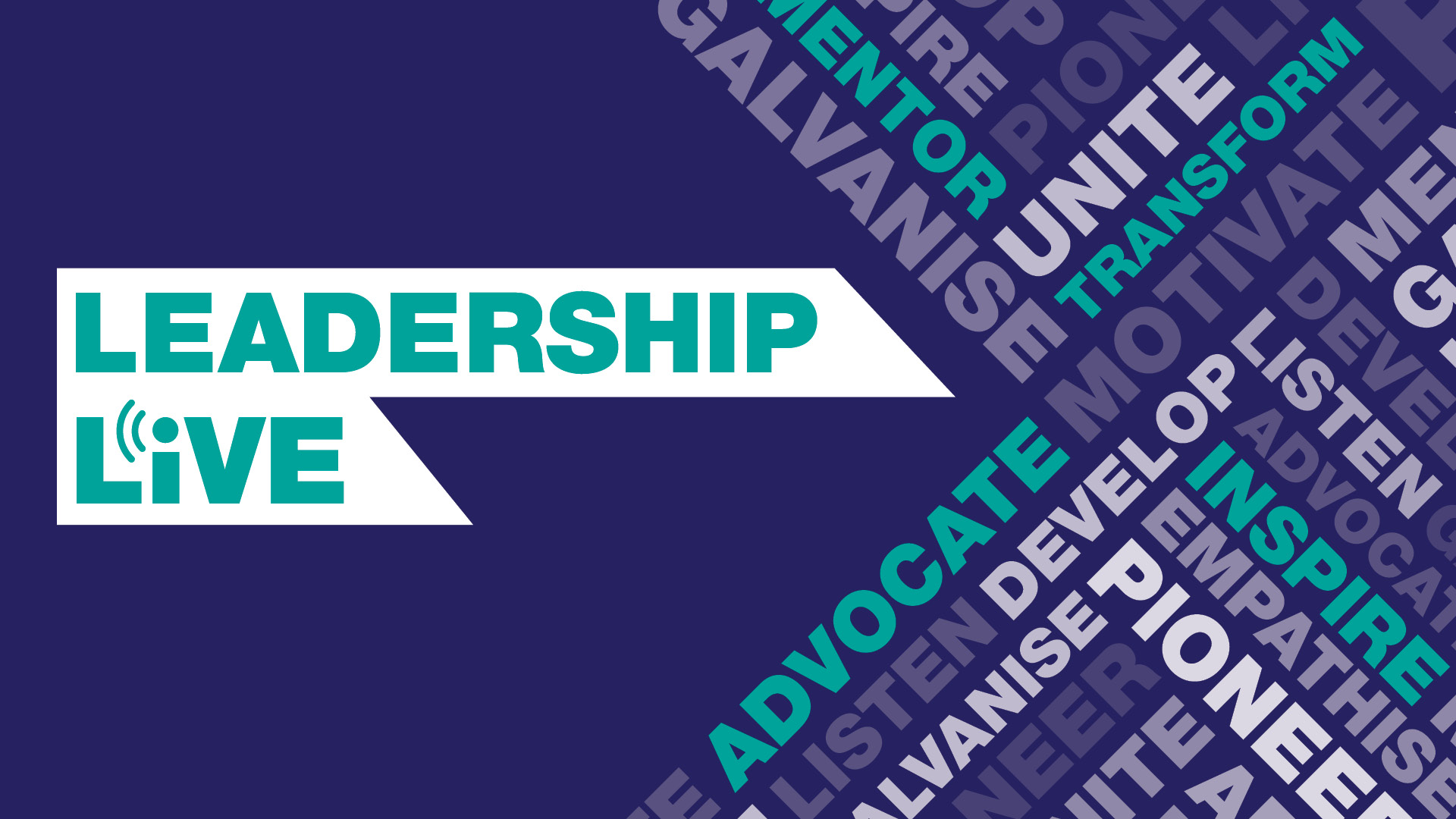 A graphic that reads "Leadership Live" next to other leadership related words
